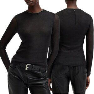 All Saints Nora Sparkle Long Sleeve Sheer Knit Top Women 4 Black Jewel Neck NWOT